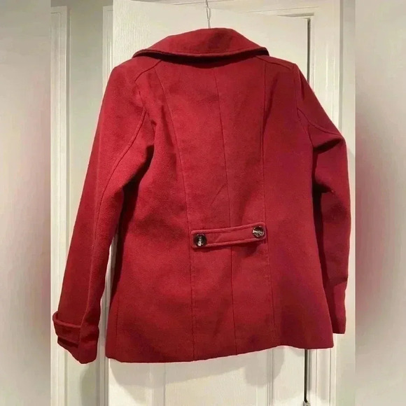 Forever 21 Dark Red Button Down Faux Wool High Snap Neck Pea Coat Size Small - Picture 7 of 12